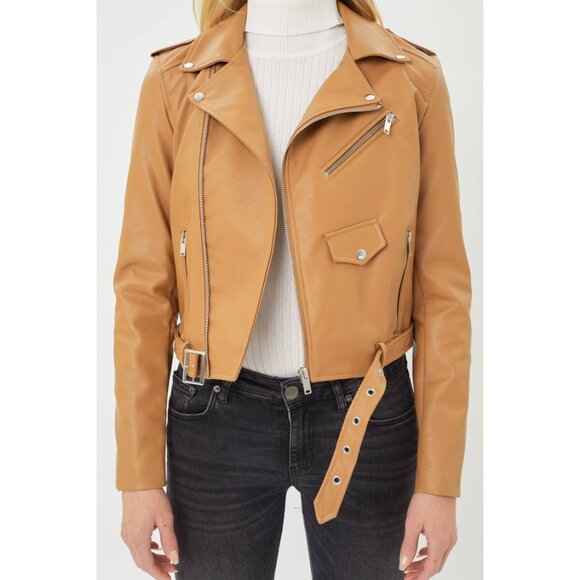 NWT Faux Leather Zip-Up Biker Jacket Camel Vegan Moto Coat Size Large - Picture 2 of 2
